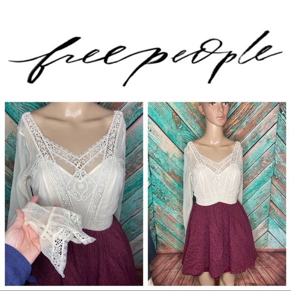 Free People Dresses & Skirts - Free People Lace & Brocade Burgundy Long Sleeved Mini Dress